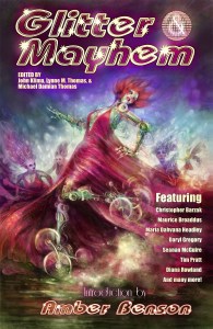 Glitter & Mayhem cover by Galen Dara. A robot in a glamorous dress roller skates. 