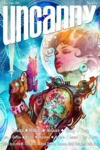 Uncanny Magazine Issue 10 cover by Galen Dara. An astronaut with a space unicorn tattoo hold a gun.