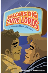 Queers Dig Time Lords cover by Colleen Coover. Two people watch television together.